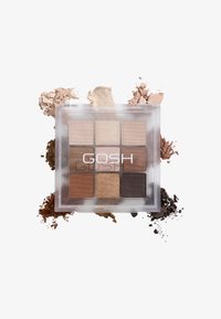 Vierkante oogschaduwpalette met negen tinten in metallic neutrale kleuren en bruintinten. Duidelijke verpakking met de merknaam "GOSH" in het wit. Rondom losse poeder.