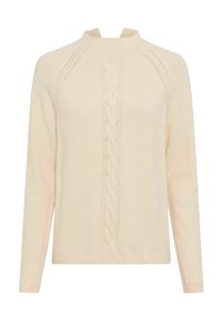 Maglione a maglia di un beige chiaro, con colletto alto, maniche lunghe e un motivo a treccia centrale sul davanti. Texture morbida.