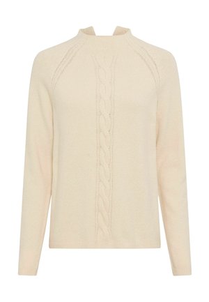 Pull en tricot de couleur beige clair, avec un col montant, des manches longues et un motif en cable central sur le devant. Texture douce.