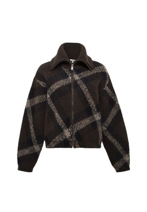 Braune und beige karierte Zip-Jacke aus strukturiertem Stoff, mit hohem Kragen und geripptem Saum, sowie lässig fallenden Schultern.
