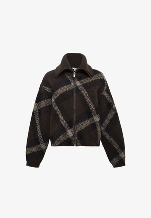 Brown and beige plaid zip-up jacket, made of textured fabric, featuring a high collar and ribbed hem with dropped shoulders.