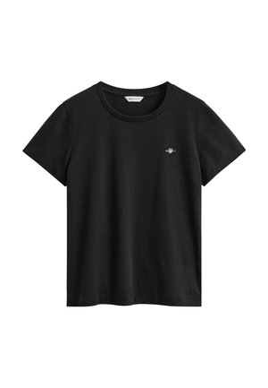 Schwarzes T-Shirt mit kurzen Ärmeln und Rundhalsausschnitt mit kleinem mehrfarbigem GANT-Logo auf der linken Brust.