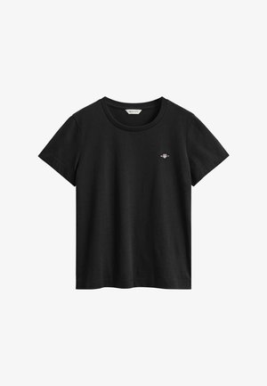 Schwarzes T-Shirt mit kurzen Ärmeln und Rundhalsausschnitt mit kleinem mehrfarbigem GANT-Logo auf der linken Brust.