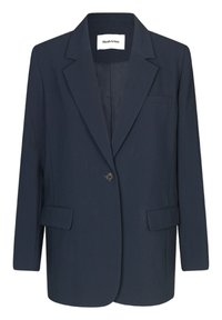 Sötétkék blézer sima anyagból, egygombos záródással, nyakkivágással, egy melltouer zsebbel és két elülső zsebbel rendelkezik.