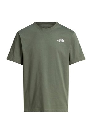 Kortærmet olivengrøn t-shirt med rund hals og lille hvid The North Face-logo på venstre bryst.