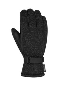 Schwarze gestrickte Handschuhe mit Lederfläche, passgenauem Bündchen und verstellbarem Riemen. Texturierte Oberfläche mit einheitlichem dunklem Muster.