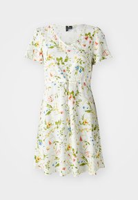 Bloemenjurk met een V-hals, korte mouwen en een strik in de taille. Heeft een witte achtergrond met groene, gele, rode en blauwe bloemmotieven.