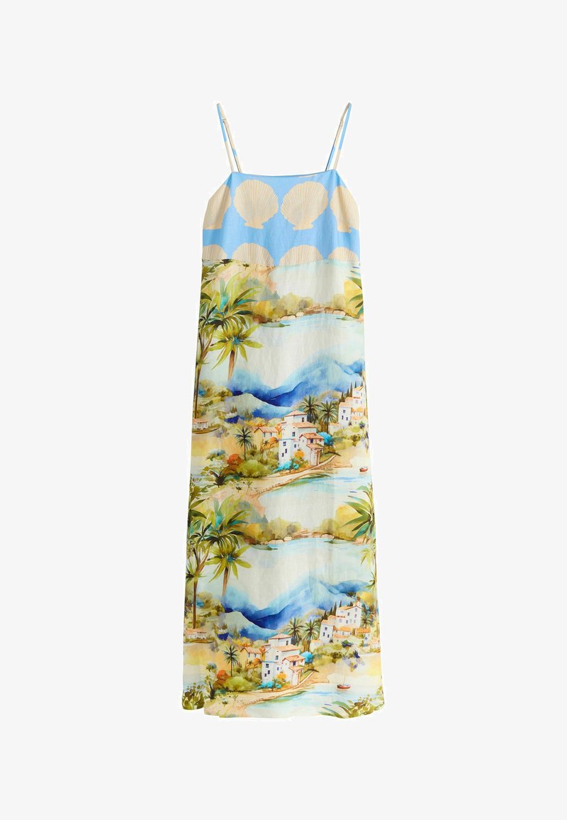 Robe sans manches avec un haut bleu orné d'imprimés coquillage crème, et un bas représentant un paysage vibrant avec des palmiers et des maisons.