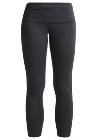 Collant neri aderenti realizzati in tessuto elasticizzato con una cintura ampia e un discreto marchio sulla parte inferiore della gamba sinistra. Texture liscia, lunghezza alla caviglia.