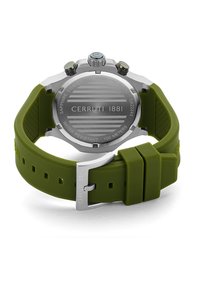 Orologio con cinturino in silicone verde, caratterizzato da una cassa in acciaio inox silver, retro in vetro zaffiro e resistenza all'acqua fino a 100 metri.