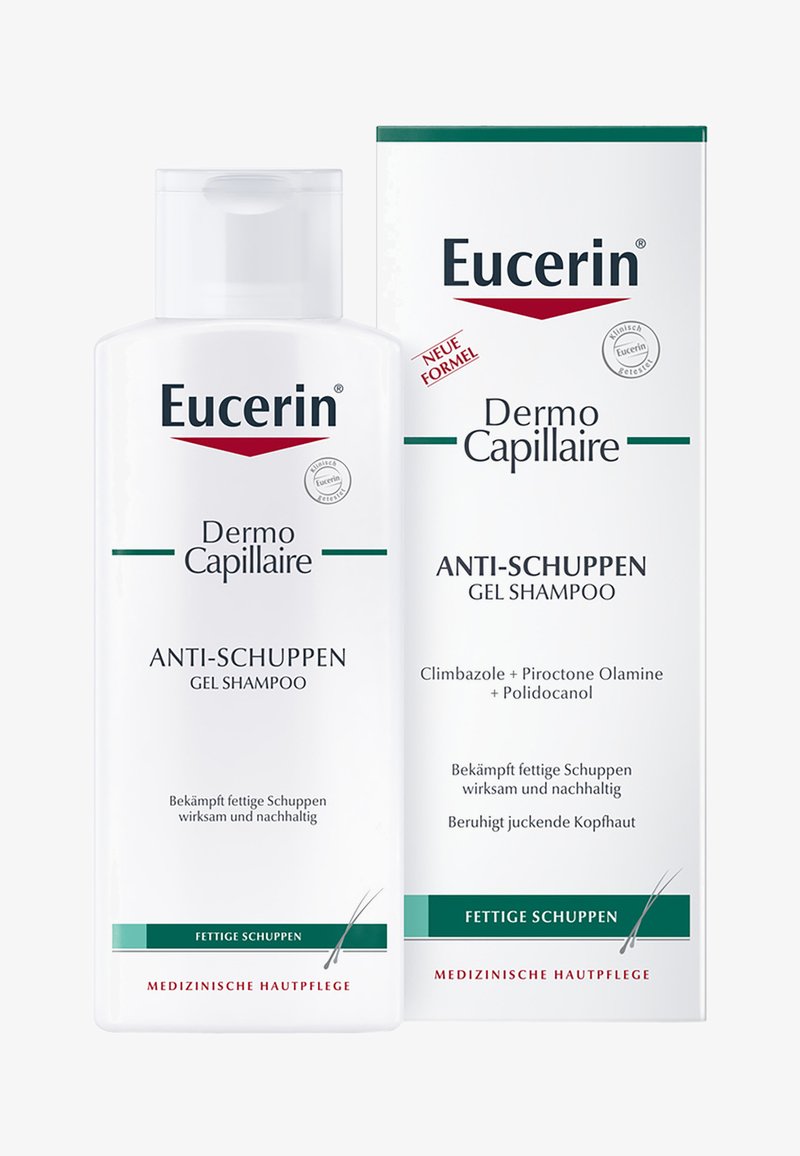 Eucerin Dermo Capillaire Anti-Schuppen Gel Shampoo in einer klaren Flasche, mit weißem Etikett und grünen Akzenten. Zutaten und Anwendungstext auf Deutsch.