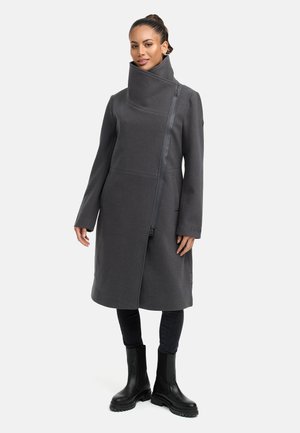 Dark gray wool coat with a high collar, asymmetrical front zip, and long sleeves. Styled with black pants and chunky boots.