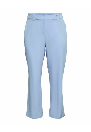 Pantalon bleu clair ajusté jusqu'aux chevilles, avec passants de ceinture et fermeture éclair à l'avant, présenté sur un fond blanc.