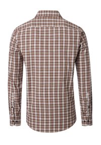 Braun kariertes Langarmhemd mit Button-Down-Kragen. Es zeigt Schattierungen von Braun, Creme und Blau in einem Karomuster. Dies ist die Rückansicht.