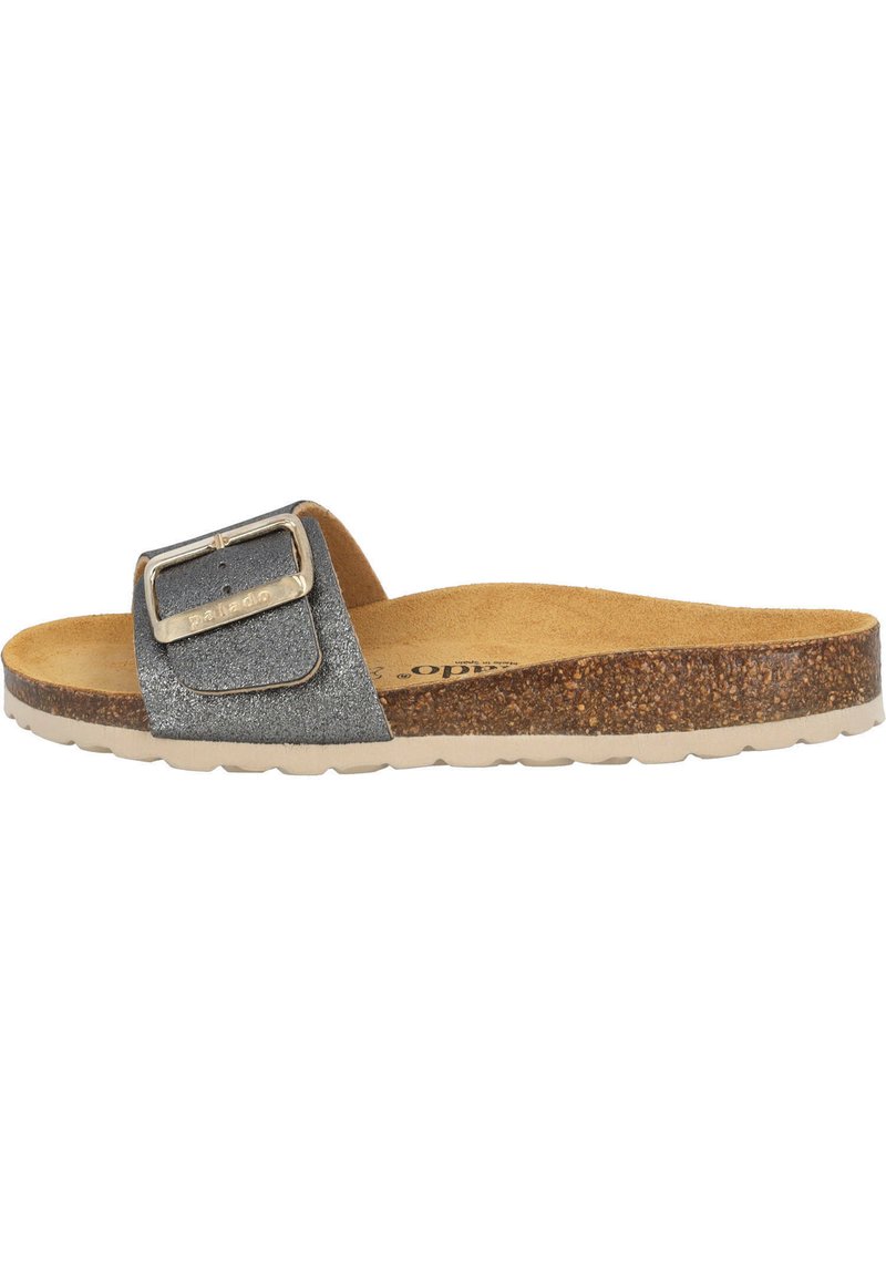 Gray glitter slide sandal with a metallic buckle, cork footbed, and textured rubber sole, featuring a wide strap design.