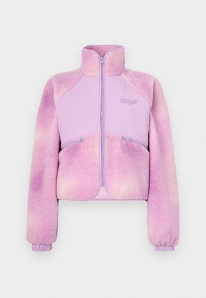 Fleece jacket in gradient light purple with a zip front, high collar, and ribbed cuffs. Features two zippered pockets. Soft texture.