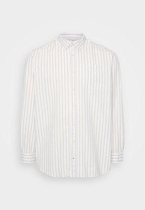 Knapp-up skjorta i vitt och ljusbeige ränder, långa ärmar, ficka på vänster bröst, klassisk krage, lätt och luftig tyg.