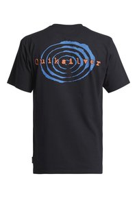 Black cotton t-shirt featuring a circular blue and orange graphic design on the back with "quiksilver" text in a stylized font.