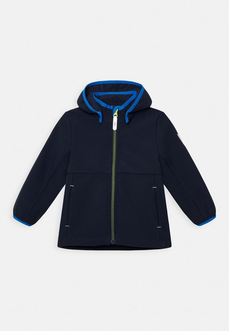 Veste à capuche pour enfants de couleur bleu marine avec fermeture éclair à l'avant, bordure bleue sur la capuche et les poignets, et accents de fermeture éclair verts.