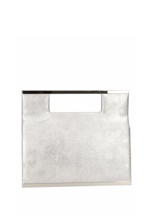 Borsa clutch rettangolare argento con rifiniture metalliche e foro manico integrato nella parte superiore centrale.