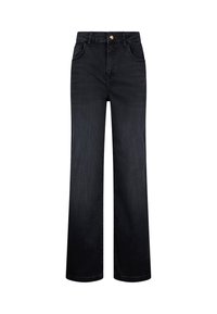Jeans neri a gamba larga in denim, con vita alta, cinque tasche e bottone in metallo dorato. Tessuto liscio con minimo sbiadimento.