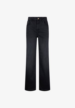 Jeans neri a gamba larga in denim, con vita alta, cinque tasche e bottone in metallo dorato. Tessuto liscio con minimo sbiadimento.