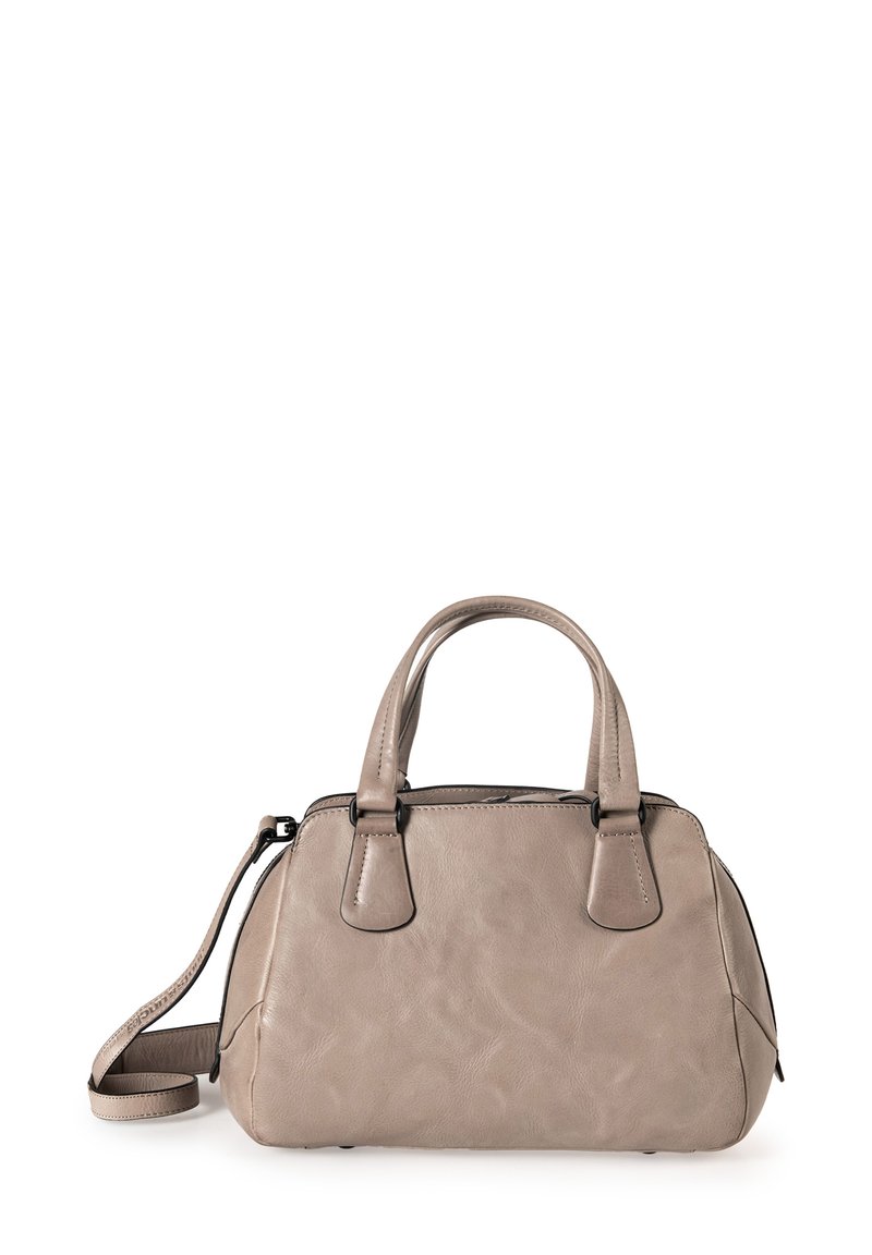 Borsa a mano in pelle grigia chiara con manici superiori doppi, tracolla removibile, forma arrotondata e dettagli di cucitura a contrasto.