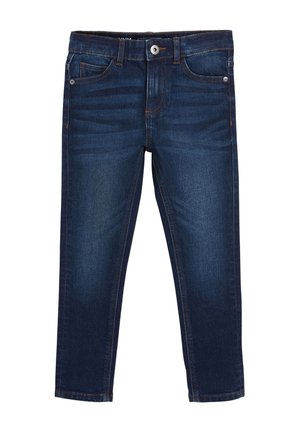 Mørkeblå slim fit jeans med forlommer, knaplukning og let falming på lårområdet.