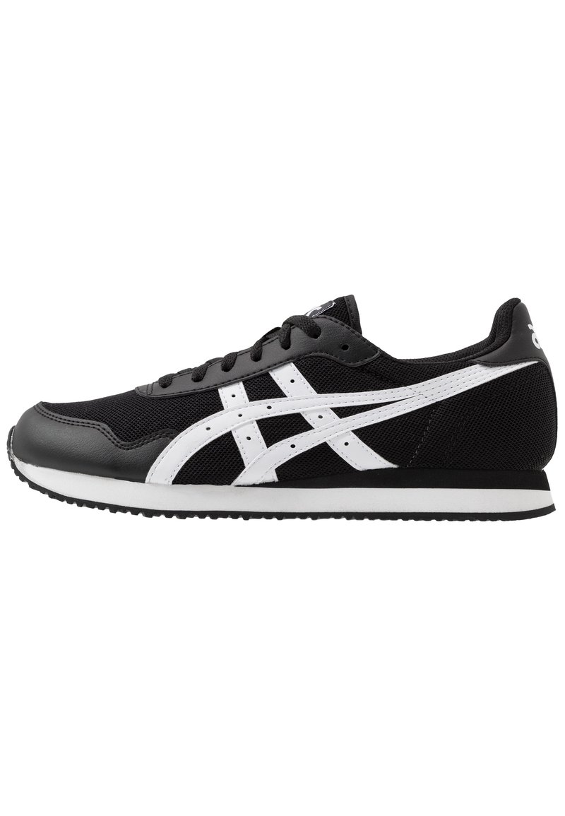 Black athletic shoes with white accents. Made of mesh and synthetic leather. Features a textured surface, laces, and a low-profile rubber sole.