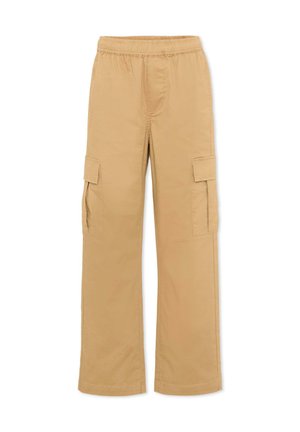 Pantalon cargo beige avec taille élastiquée, deux grandes poches à rabat sur chaque cuisse, coupe droite et détails de couture visibles.
