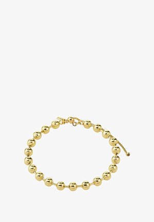 Zlata zapestnica z okroglimi perlicami in obliko verižice; ima sponko v obliki jastogove kremplje in nastavljiv zapiralni del za varno prileganje.