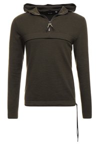 Sweat à capuche olive en tissu texturé, doté d'une demi-fermeture éclair, d'un ourlet à cordon de serrage et d'une bande horizontale à travers la poitrine.