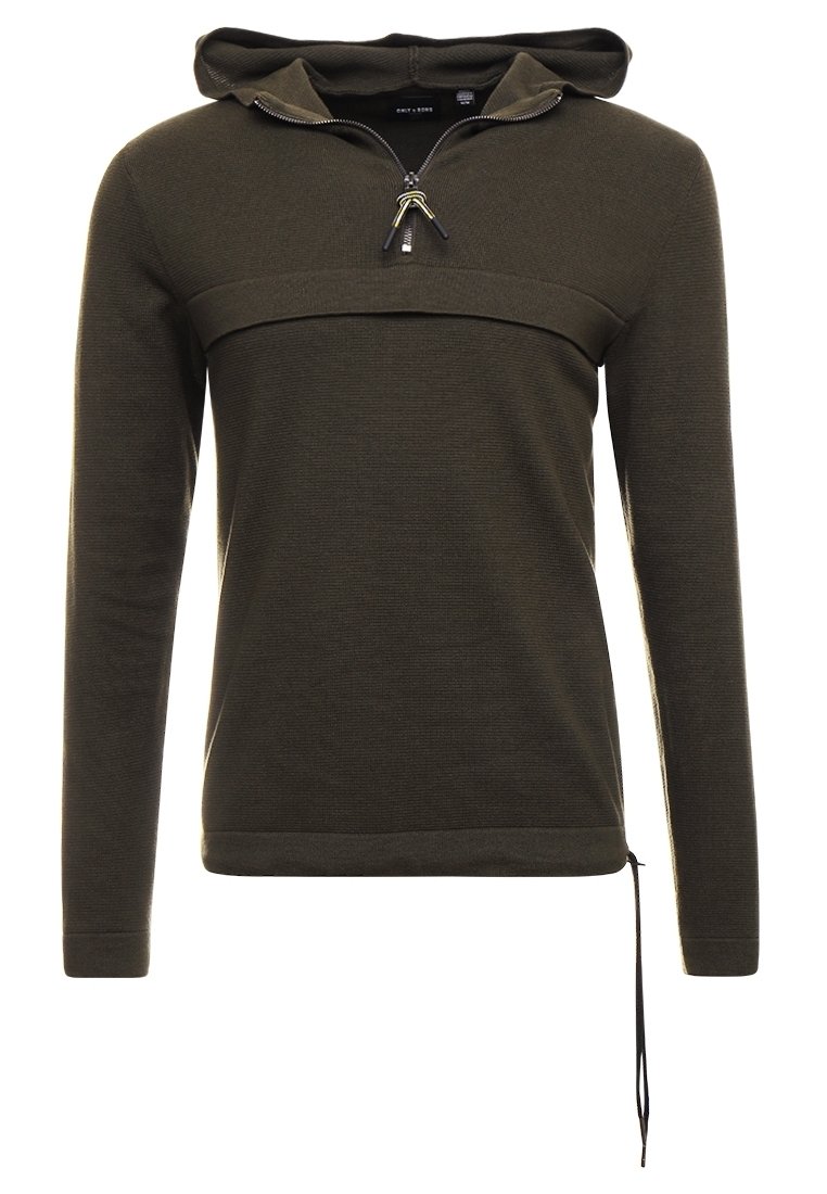 Sweat à capuche olive en tissu texturé, doté d'une demi-fermeture éclair, d'un ourlet à cordon de serrage et d'une bande horizontale à travers la poitrine.