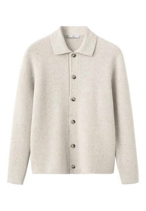 Lichtgrijs geribd vest met kraag, zevenknopen sluiting aan de voorkant en een lichte structuur door gespikkelde vezels door de hele stof.