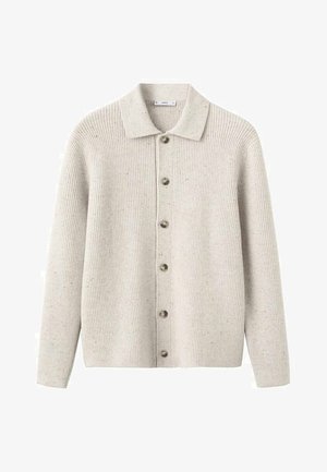 Jasnoszary prążkowany kardigan z kołnierzem, siedmioma guzikami na przodzie oraz delikatną fakturą utworzoną przez melanżowe włókna w całej tkaninie.