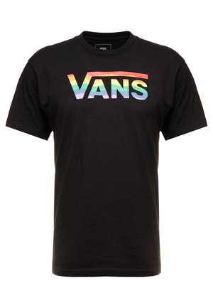 T-shirt noir à manches courtes avec le logo "VANS" aux couleurs de l'arc-en-ciel sur la poitrine.
