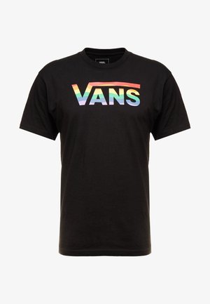 T-shirt noir à manches courtes avec le logo "VANS" aux couleurs de l'arc-en-ciel sur la poitrine.