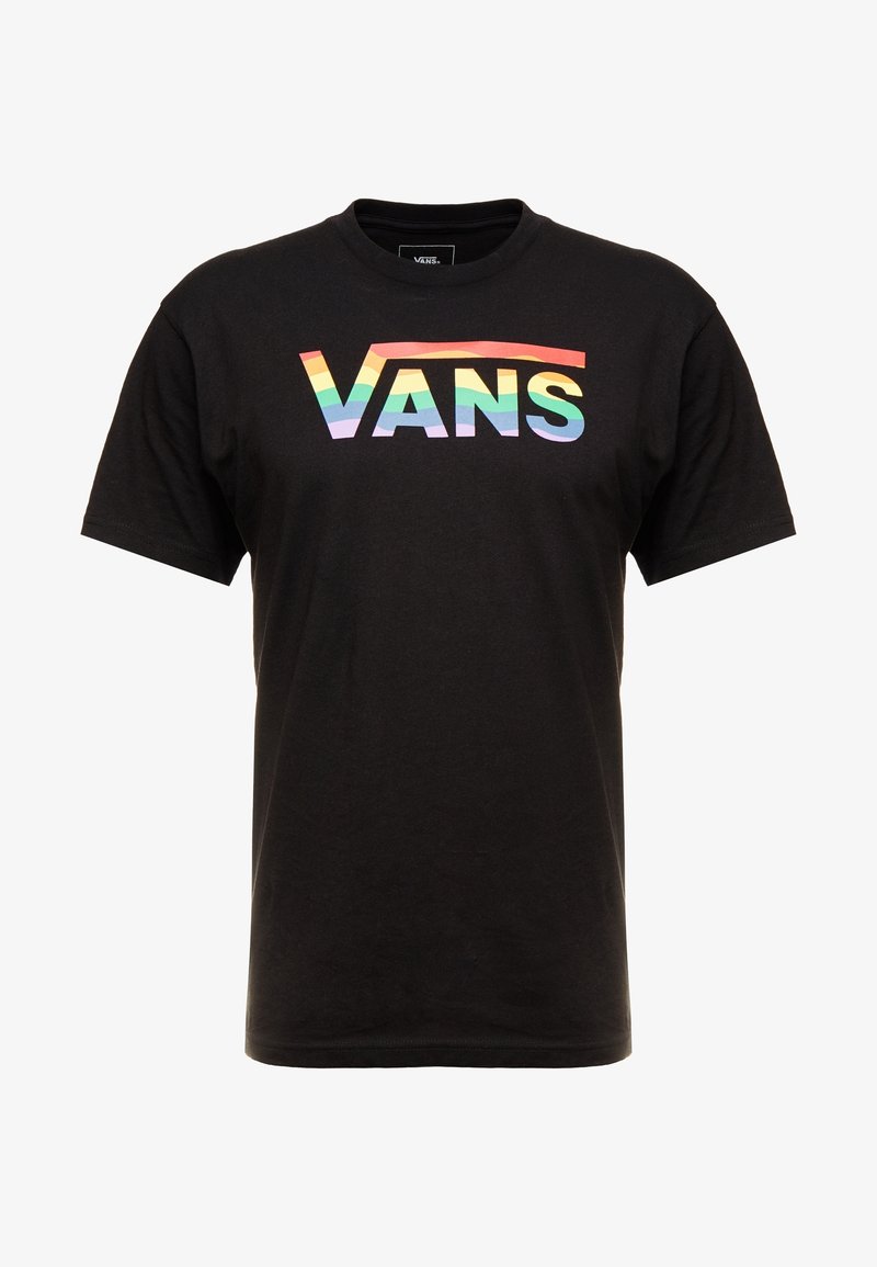 T-shirt noir à manches courtes avec le logo "VANS" aux couleurs de l'arc-en-ciel sur la poitrine.