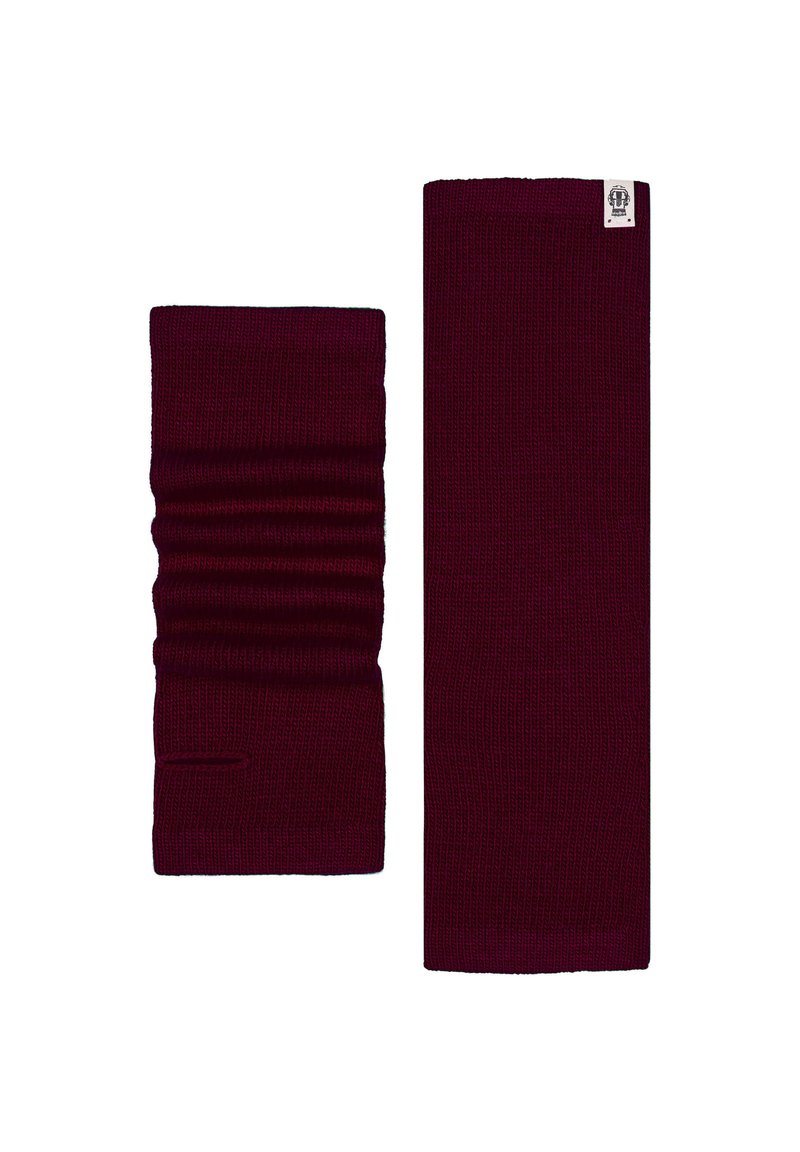 Burgundy knitted scarf and matching neck warmer. Scarf is long and flat; neck warmer is shorter with gathered texture. Both feature a small logo.
