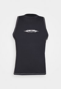 Czarny bezrękawnik wykonany z elastycznego materiału. Posiada okrągły dekolt oraz białe logo w postaci płomienia na klatce piersiowej. Szwy płaskie.