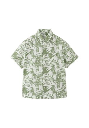 Chemise à manches courtes avec boutons, motif abstrait de feuilles vertes et blanches, et une unique poche poitrine.