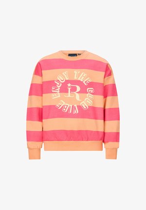 Felpa a strisce multicolore in rosa e arancione con maniche lunghe. Presenta un collo rotondo e una stampa grafica che recita "GODITI LE BUONE VIBRAZIONI."