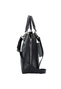 Svart läderhandväska med dubbla handtag, avtagbar axelrem, framficka med dragkedja och en fastsatt korthållare.