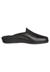 Sorte læder slip-on klip klapper med en glat overflade, rund tå og en fleksibel gummisål. Enkel design uden udsmykning.