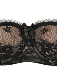 Czarny koronkowy biustonosz z kwiatowym wzorem, przezroczysty, z falistym wykończeniem i małą satynową kokardką na środku jako detal.