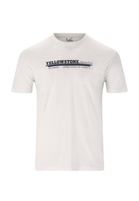 Valkoinen puuvillapaita, jossa on rintataskussa mustalla ja tummansinisellä tekstillä "YELLOWSTONE National Park" ja alla "WYOMING • UNITED STATES OF AMERICA".