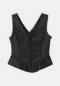 Sort satin korsettop med V-udskæring, blomsterbroderi, frontbånddetalje og blondertrim langs kanterne. Peplum længde nederst.