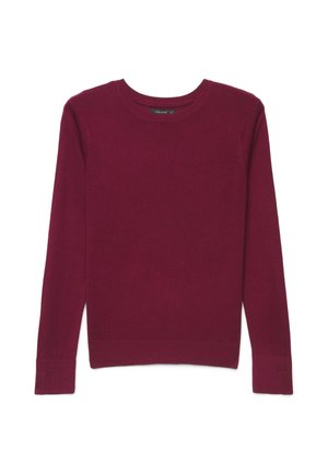 Maglione a maniche lunghe con scollo rotondo in bordeaux tinta unita con polsini e orlo a coste, disteso su sfondo bianco.