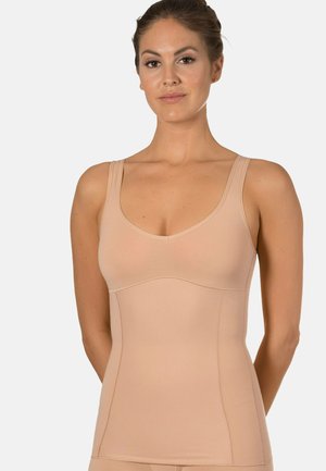 Lightweight, fitted beige tank top. Features wide straps, a scoop neckline, and stitching details for a smooth silhouette.