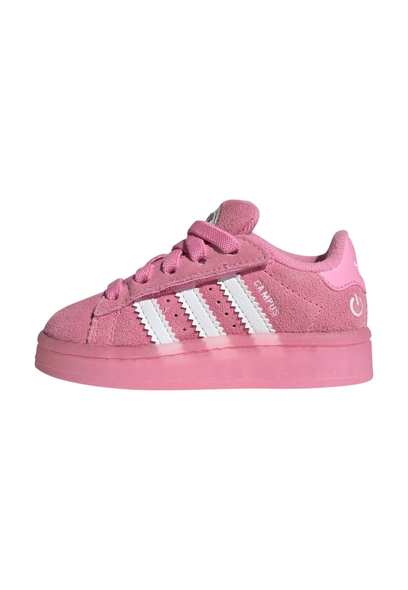 Pink suede Adidas Campus sneaker with white stripes, laces, and translucent pink sole, viewed from the side.